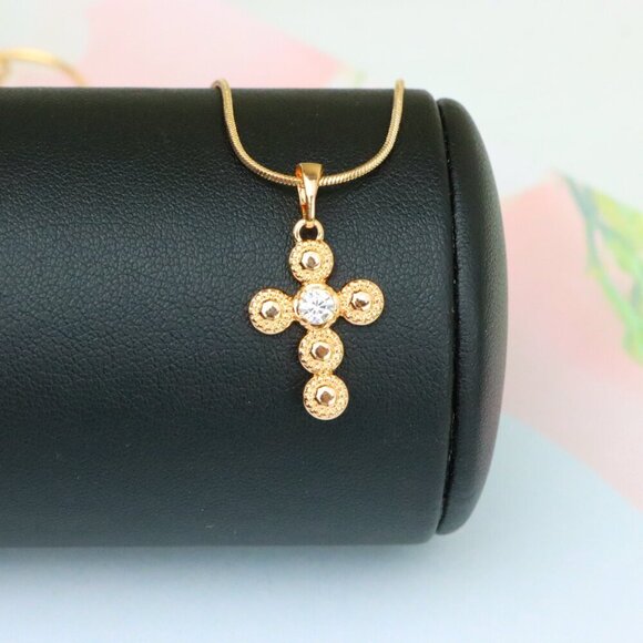 "Rose Gold Cross Pendant with Textured Beads and Center Crystal Stone, XPPT1606 - Picture 5 of 13